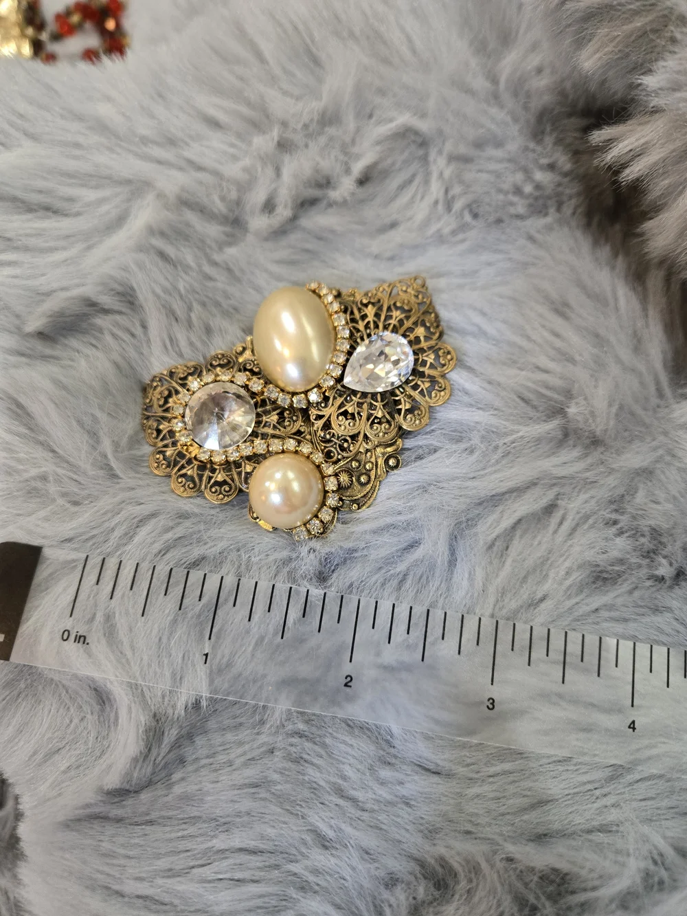 Gold Filigree Pearl & Crystal Brooch - Gold Tone